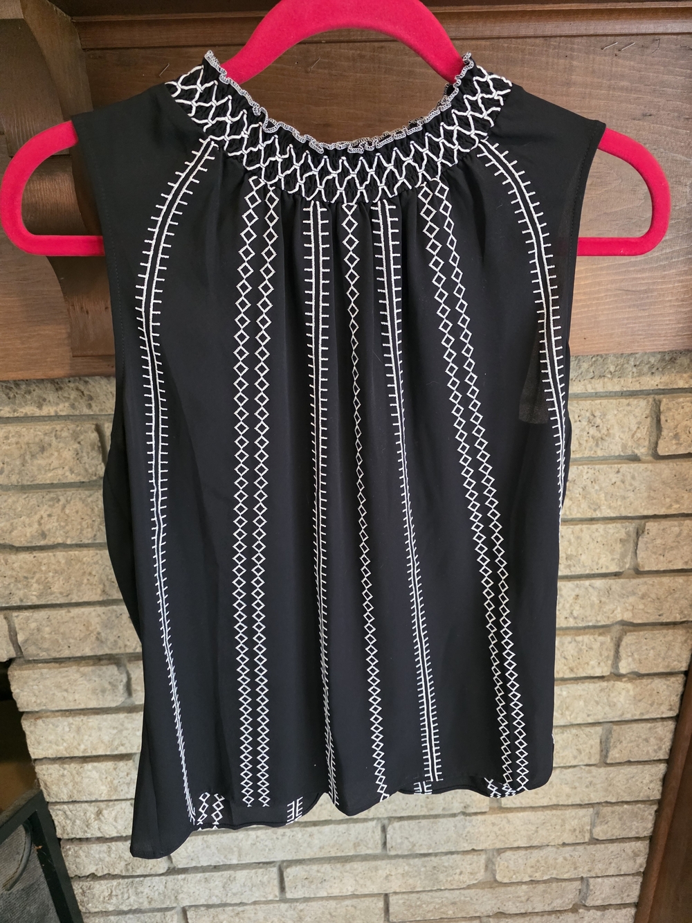 White House Black Market Black Sleeveless Mock-Neck Blouse with White Stitching - Picture 2 of 5